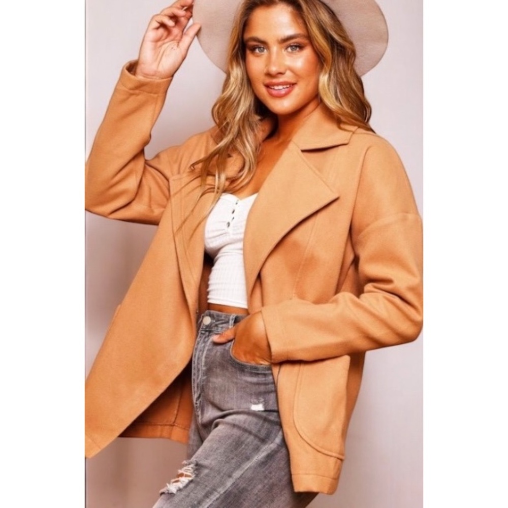PEACH LOVE Camel Blazer Style Zip Up Soft Jacket - Picture 7 of 9